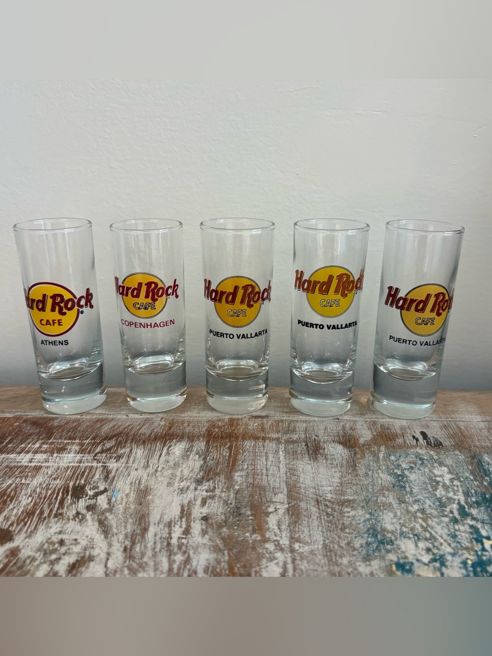 Lot of 5 HARD ROCK CAFE Shot Glasses (Athens, Copenhagen, Puerto Vallarta)